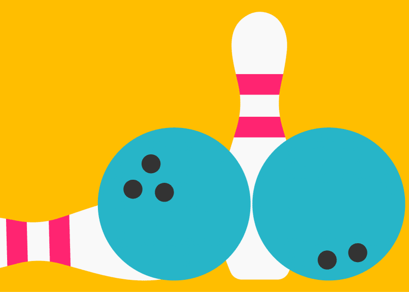 The image is a minimalist and playful illustration featuring two large blue bowling balls with three finger holes each, positioned on either side of a white bowling pin against a bright yellow background. The visual pun relates to the term "blue balls," r