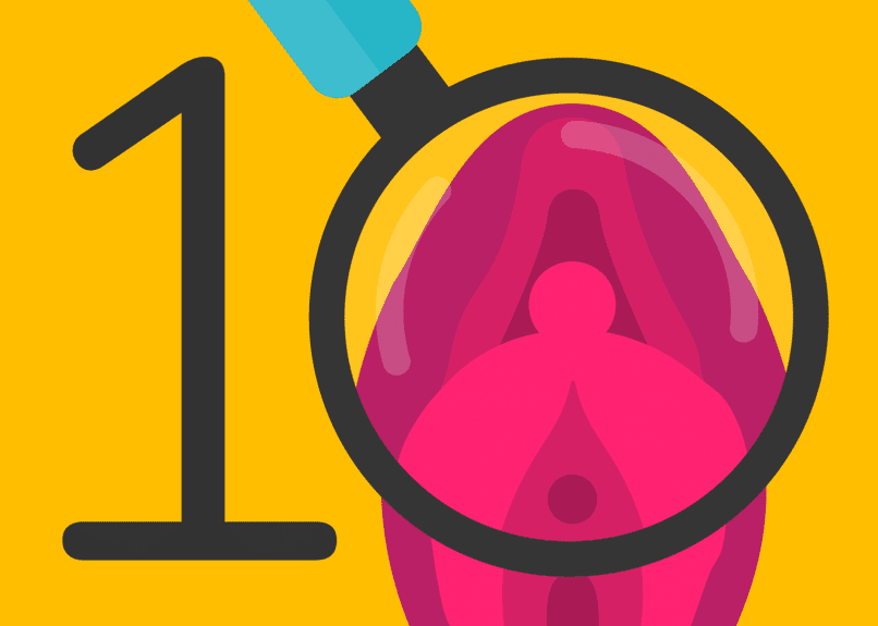 Illustration combining the number 1 and a magnifying glass to form the number 10, alongside a stylized representation of female genitalia, symbolizing '10 facts about the vagina' for an educational blog post