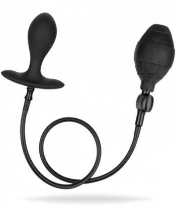 Svart uppblåsbar analplugg tillverkad av mjuk silikon. Enkel att använda med tyngd i pluggen. Håller formen utan slangen.