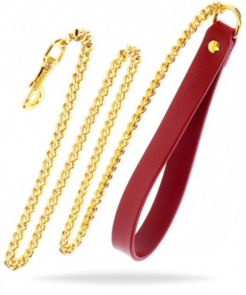 Guldigt nickelfri kedja av metall med röda detaljer tillverkade av högkvalitativ PU-läder. Slitstarkt material.