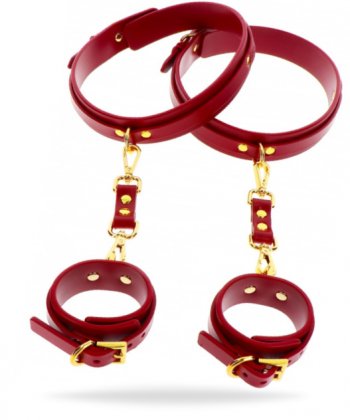 Röda handklovar med guldiga detaljer som du kan koppla fast till dina lår. Högkvalitativt material och enkla att använda.