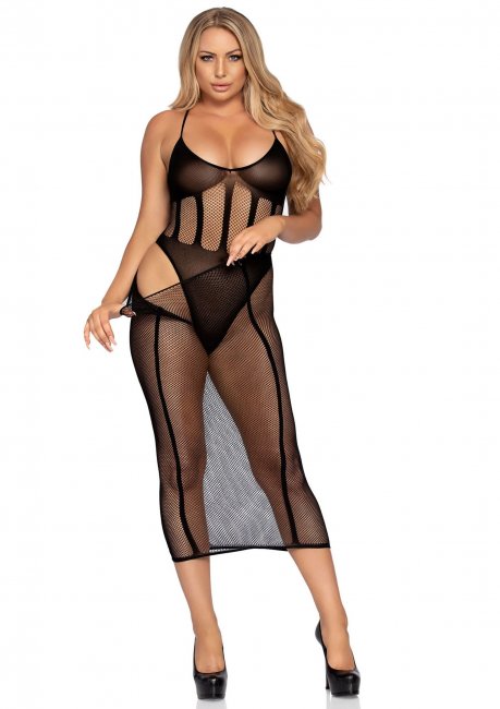 Net and Opaque Bodysuit and Skirt