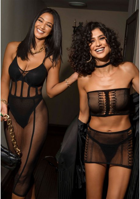 Net and Opaque Bodysuit and Skirt