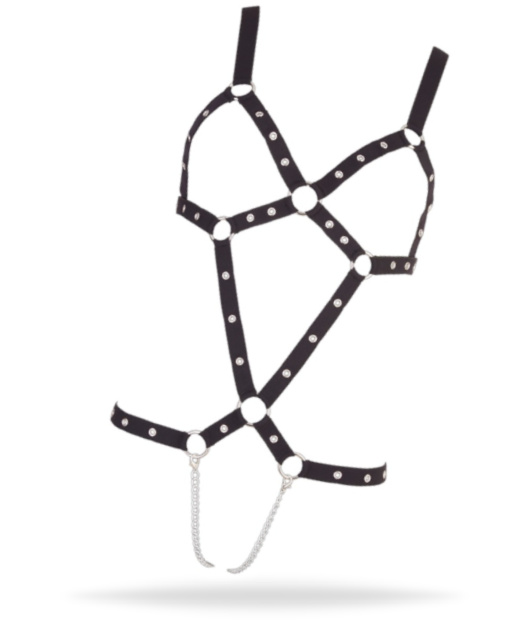 Sexig body av stretchiga band med metall detaljer med en öppen design i skrevet med avtagbara kedjor. Lägger sig snyggt.