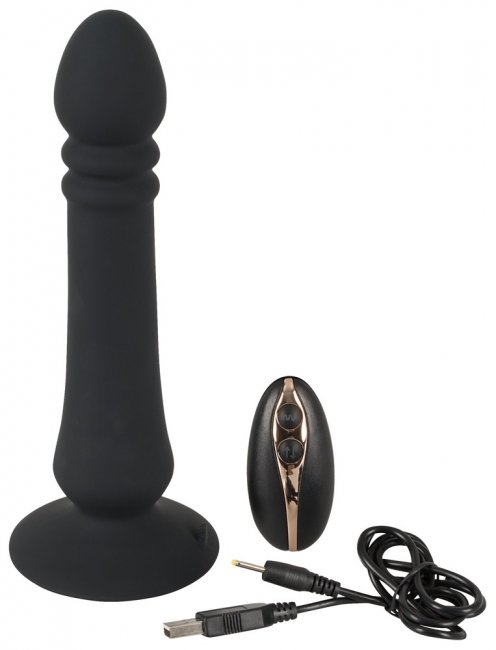 Svart analplugg med 7 vibrationer och 3 thrusting funktioner. Fjärrstyrd. Helt vattentät och uppladdningsbar plugg. Silikon.