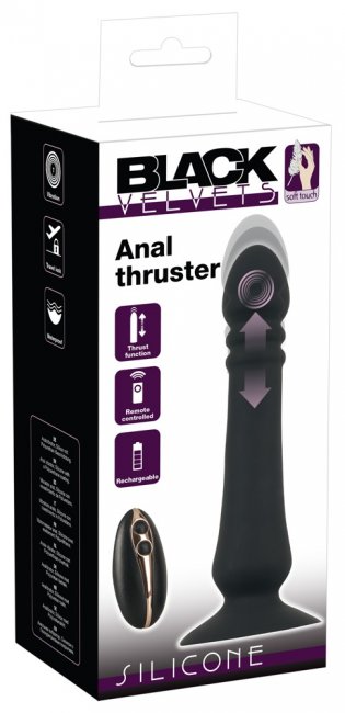 Svart analplugg med 7 vibrationer och 3 thrusting funktioner. Fjärrstyrd. Helt vattentät och uppladdningsbar plugg. Silikon.