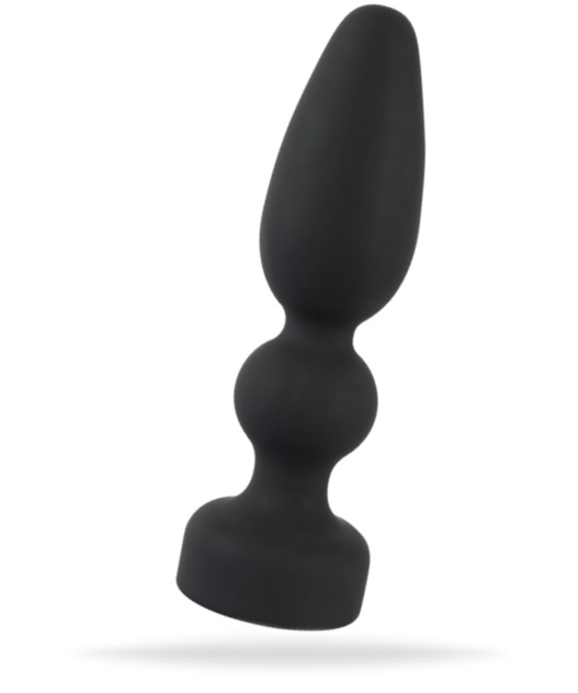 Svart analplugg tillverkad av högkvalitativ silikon. Mjuk och len form med en gradvist ökande form och en utfyllande kula.
