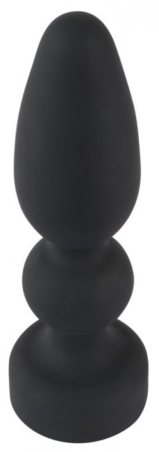Svart analplugg tillverkad av högkvalitativ silikon. Mjuk och len form med en gradvist ökande form och en utfyllande kula.