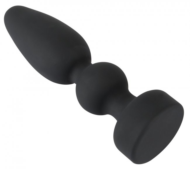 Svart analplugg tillverkad av högkvalitativ silikon. Mjuk och len form med en gradvist ökande form och en utfyllande kula.