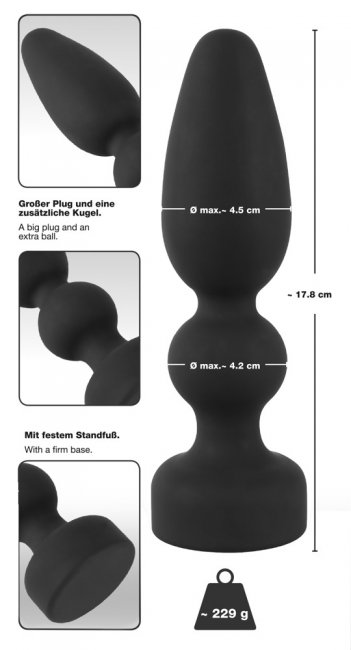 Svart analplugg tillverkad av högkvalitativ silikon. Mjuk och len form med en gradvist ökande form och en utfyllande kula.