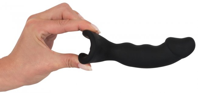 Svart analplugg med en vågig och lätt böjd form. Uppladdningsbar. 7 olika funktioner. Bred bas. P-punkts stimulering. Enkel.