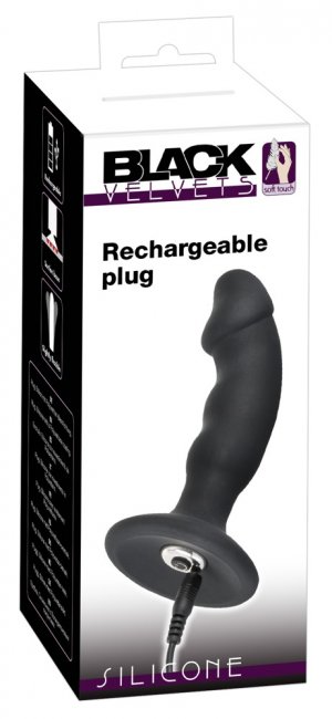 Svart analplugg med en vågig och lätt böjd form. Uppladdningsbar. 7 olika funktioner. Bred bas. P-punkts stimulering. Enkel.