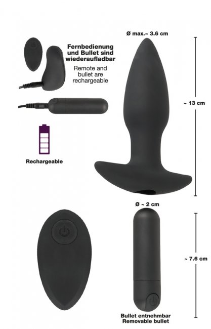 Analplugg tillverkad av högkvalitativ silikon med en avtagbar vibrator utrustad med 10 olika vibrationer. Uppladdningsbar.