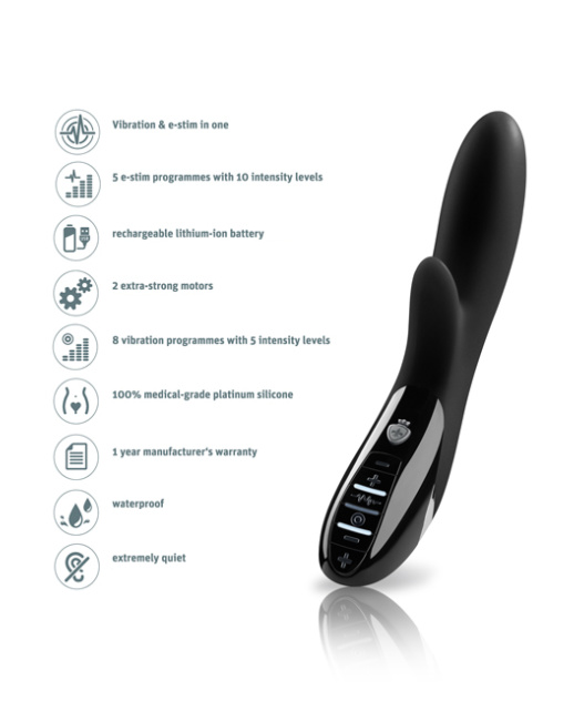 Uppladdningsbar e-stim vibrator tillverkad av högkvalitativ silikon. Helt vattentät. 2 superstarka motorer. Många funktioner.