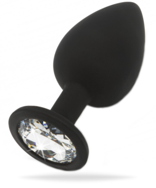 Svart analplugg tillverkad av supermjuk silikon med en klar sten i botten. En klassisk form som gör den enkel att använda.