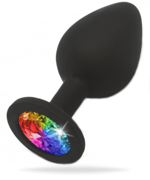 Svart analplugg med en flerfärgad kristall i botten. Tillverkad av supermjuk silikon och har en klassisk form. För nybörjare.