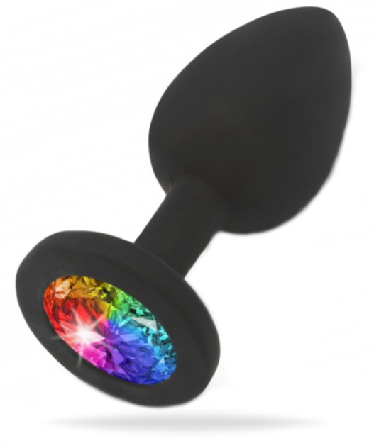 Svart analplugg med en flerfärgad kristall i botten. Tillverkad av supermjuk silikon och har en klassisk form. För nybörjare.
