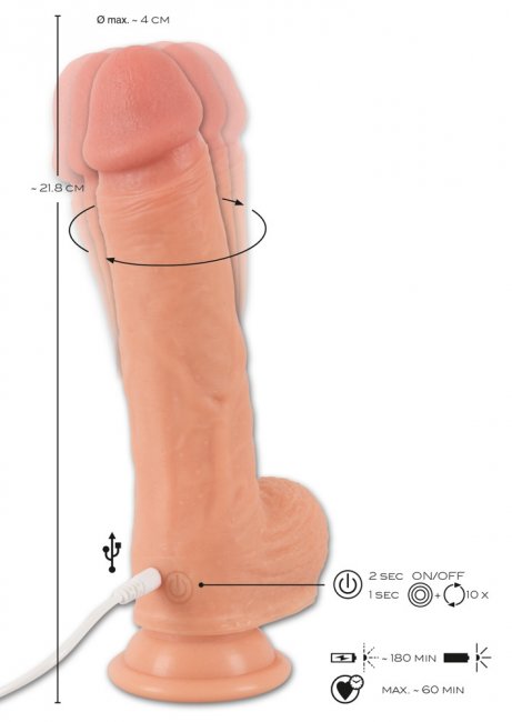 Realistisk dildo med en stark sugkopp i basen. Högkvalitativ silikon. 10 vibrationer och 10 rotationer. Uppladdningsbar.