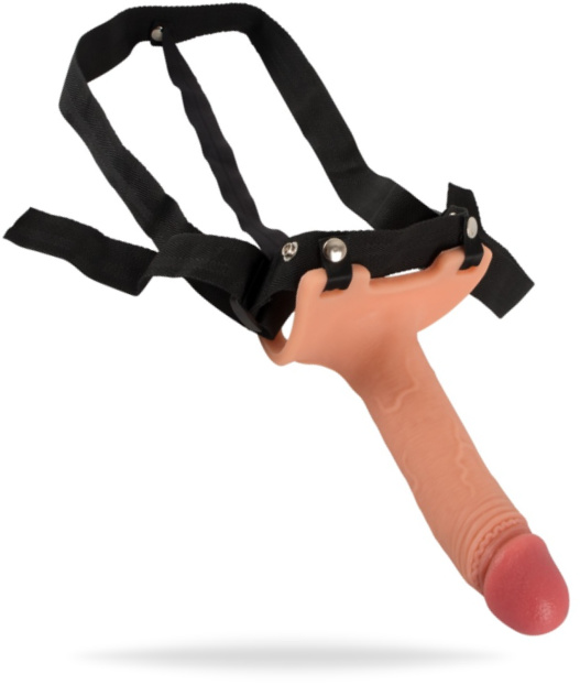 Ihålig strap on dildo med avtagbar och justerbar sele. Bekväma material och hål för pungen. Realistisk. Enkel användning.