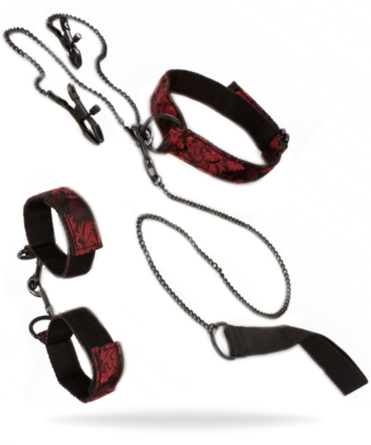 Högkvalitativt set innehållande halsband, koppel, handklovar och nippelklämmor. Belagda klämmor. Justerbar passform.