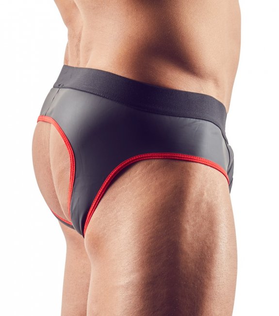 Svarta jock kalsonger med röda detaljer. Dragkedja framtill över paketet och en öppen bakdel. Bekvämt material. Sexig look.