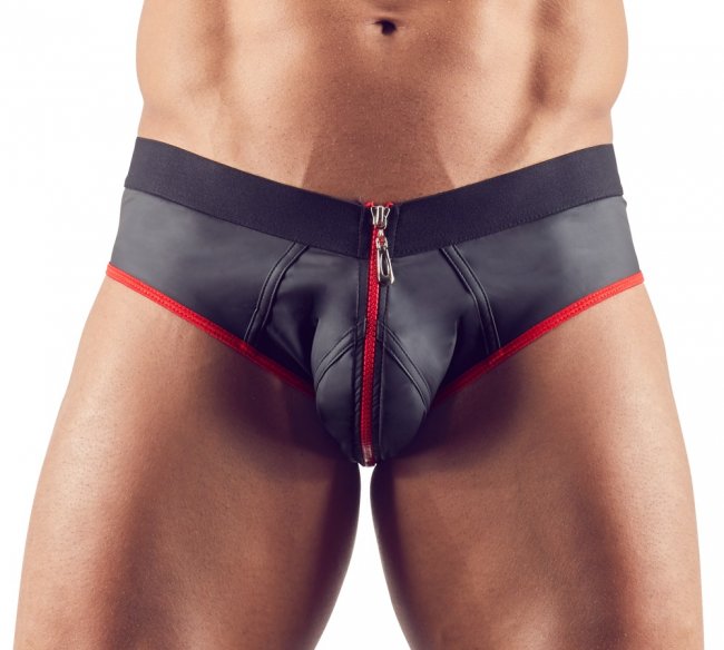 Svarta jock kalsonger med röda detaljer. Dragkedja framtill över paketet och en öppen bakdel. Bekvämt material. Sexig look.