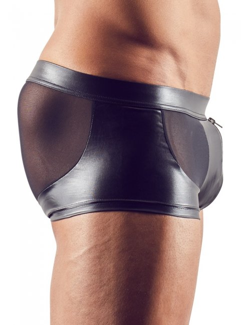 Korta byxor med mesh tyg och glansigt material med en dragkedja över paketet. Bekvämt material. Finns i olika storlekar.