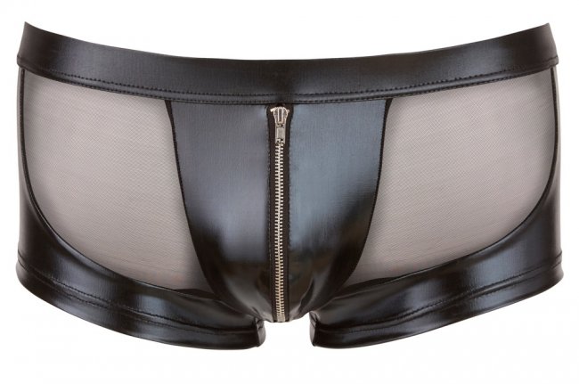 Korta byxor med mesh tyg och glansigt material med en dragkedja över paketet. Bekvämt material. Finns i olika storlekar.