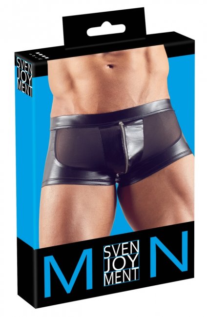 Korta byxor med mesh tyg och glansigt material med en dragkedja över paketet. Bekvämt material. Finns i olika storlekar.
