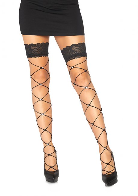 Wide net thigh high with chrystal